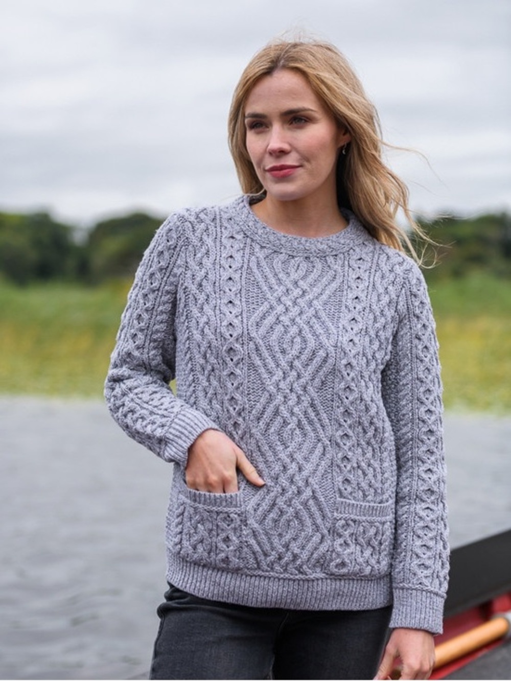Aran Crafts Soft Gray Cable-Knit Crew Sweater with Pockets